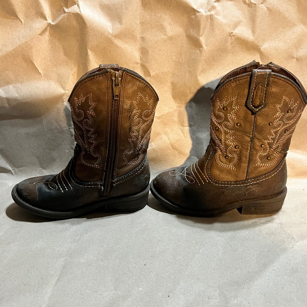 Cherokee Size 8 Toddler Cowboy Boots Brown Western Stitch Studded Side Zip - Picture 3 of 9